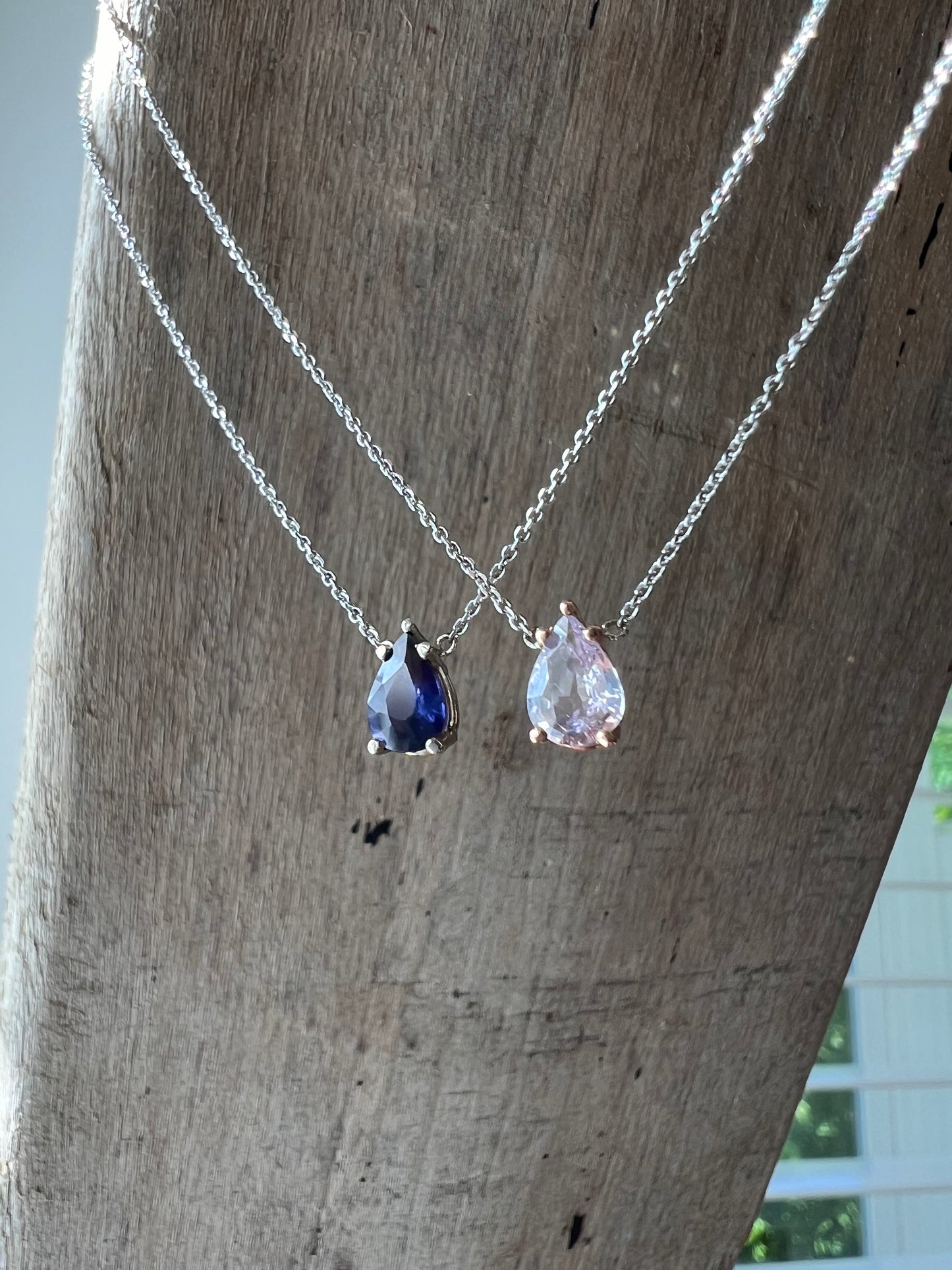 The Leyla Necklace Collection dainty pear shaped natural royal blue to purple sapphire & 14k White Gold