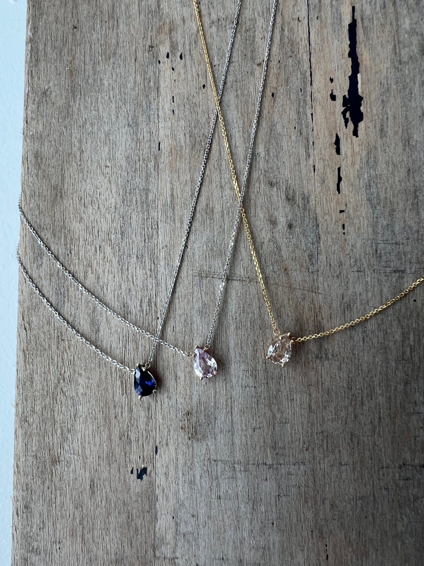 The Leyla Necklace Collection dainty pear shaped natural royal blue to purple sapphire & 14k White Gold