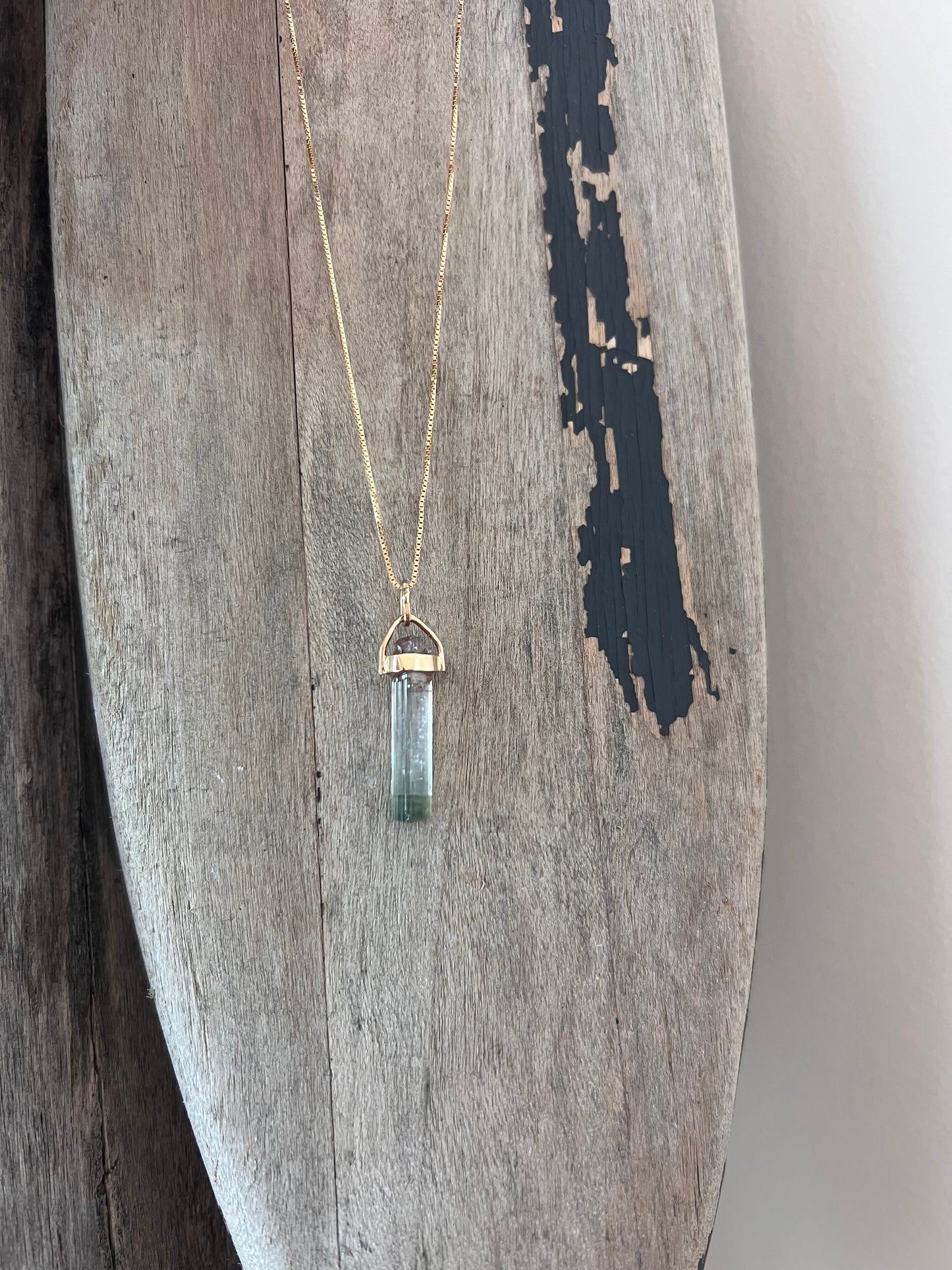 Sandy Collection Necklace Watermelon Tourmaline bar necklace on Theia’s signature 18K gold dainty box chain