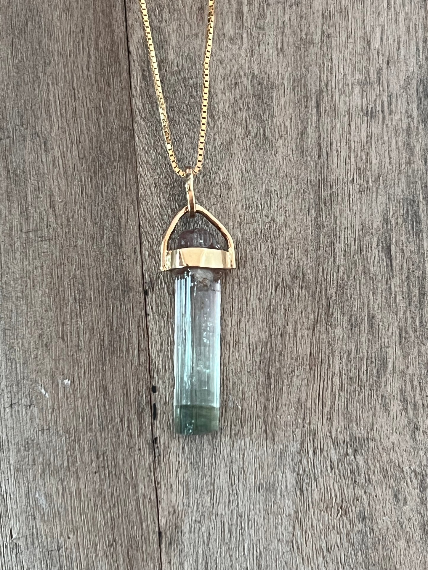 Sandy Collection Necklace Watermelon Tourmaline bar necklace on Theia’s signature 18K gold dainty box chain