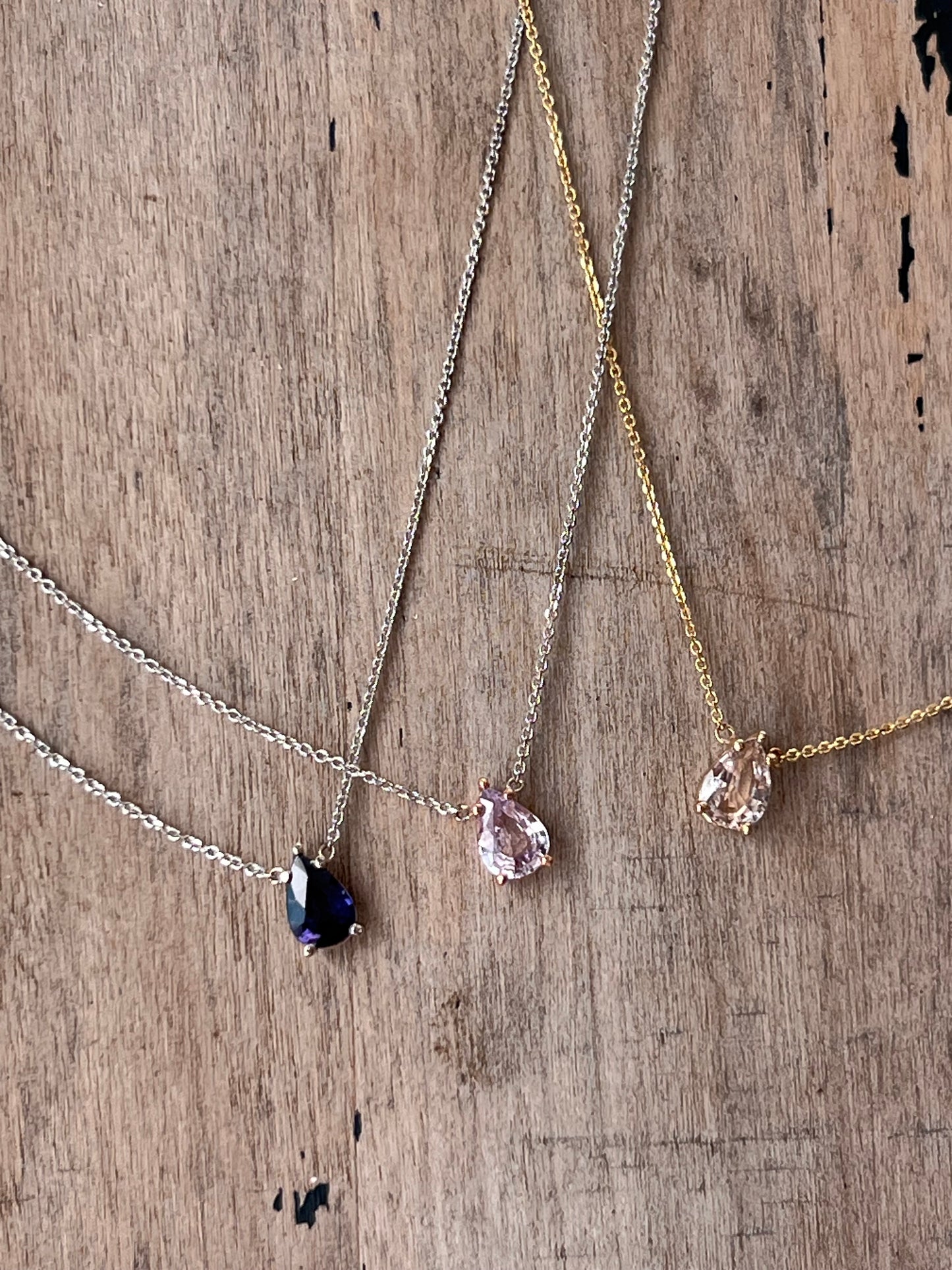 The Leyla Necklace Collection dainty pear shaped .83 carat natural sapphire & 14k yellow Gold
