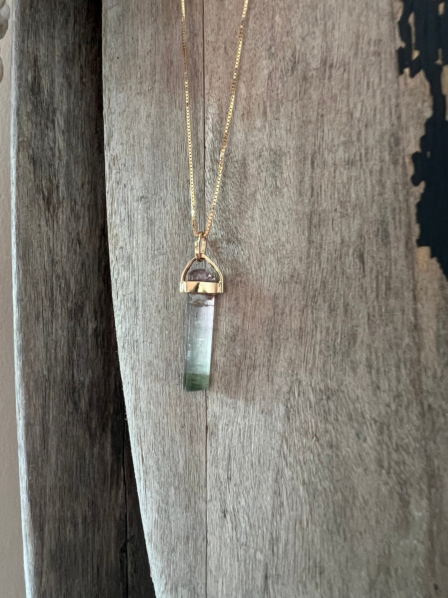 Sandy Collection Necklace Watermelon Tourmaline bar necklace on Theia’s signature 18K gold dainty box chain