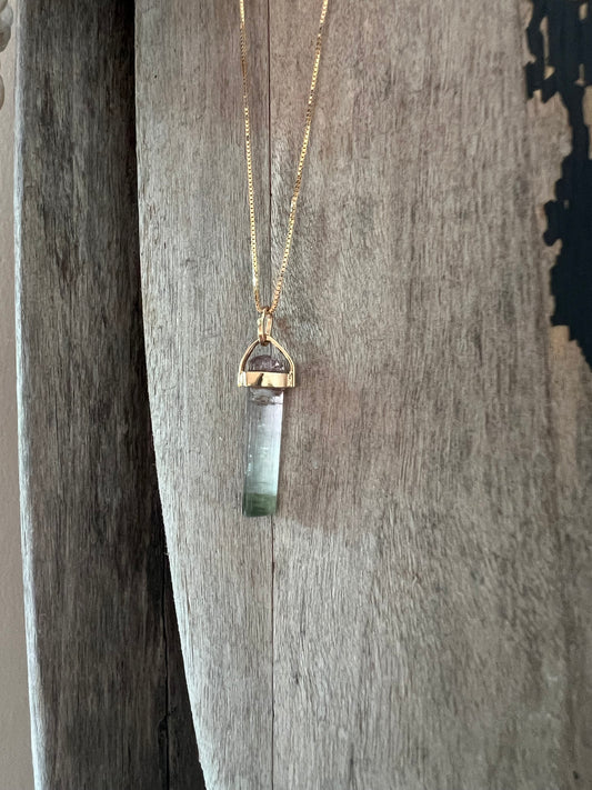 Sandy Collection Necklace Watermelon Tourmaline bar necklace on Theia’s signature 18K gold dainty box chain