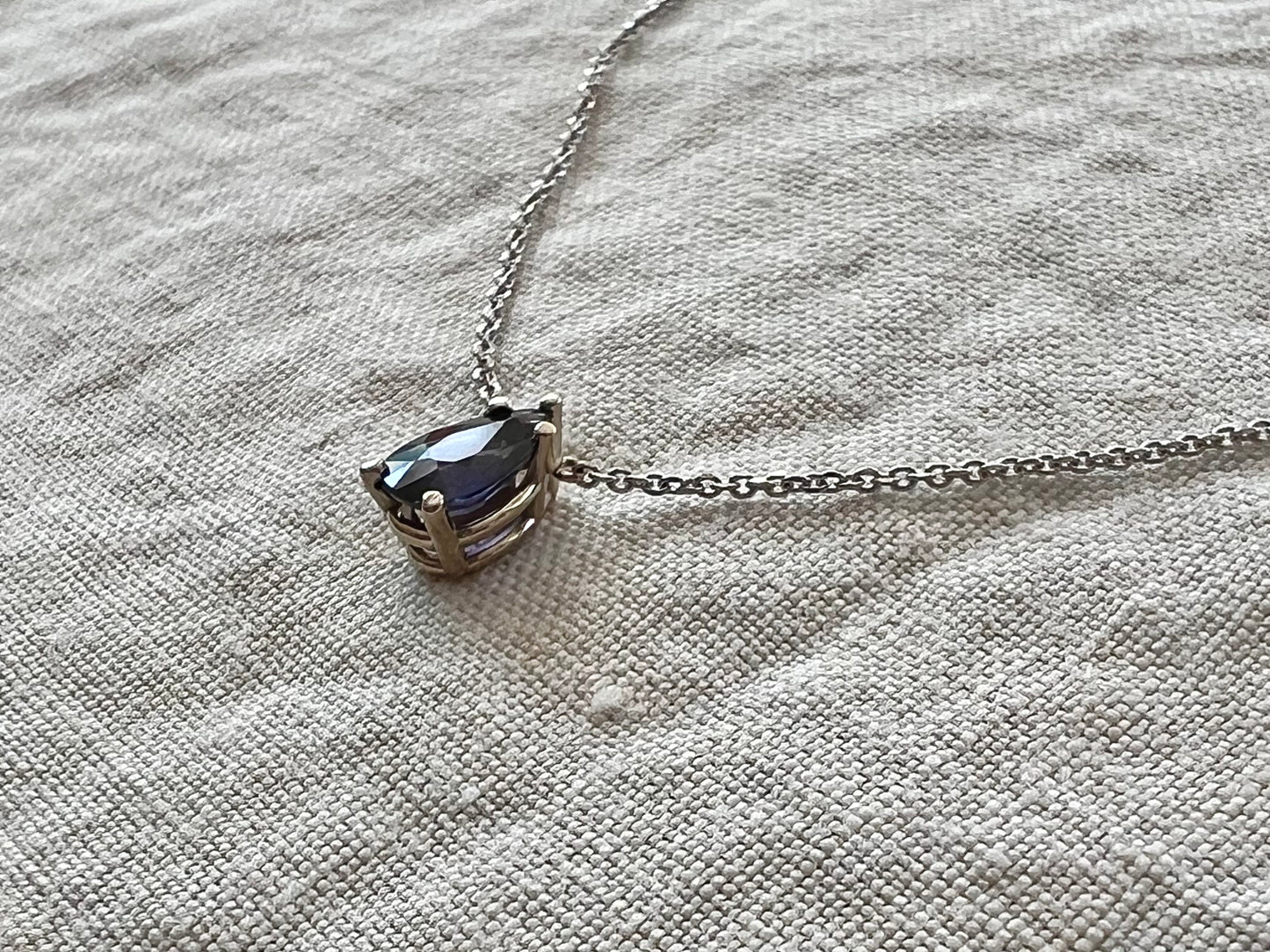 The Leyla Necklace Collection dainty pear shaped natural royal blue to purple sapphire & 14k White Gold