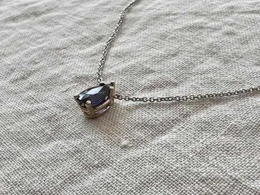 The Leyla Necklace Collection dainty pear shaped natural royal blue to purple sapphire & 14k White Gold
