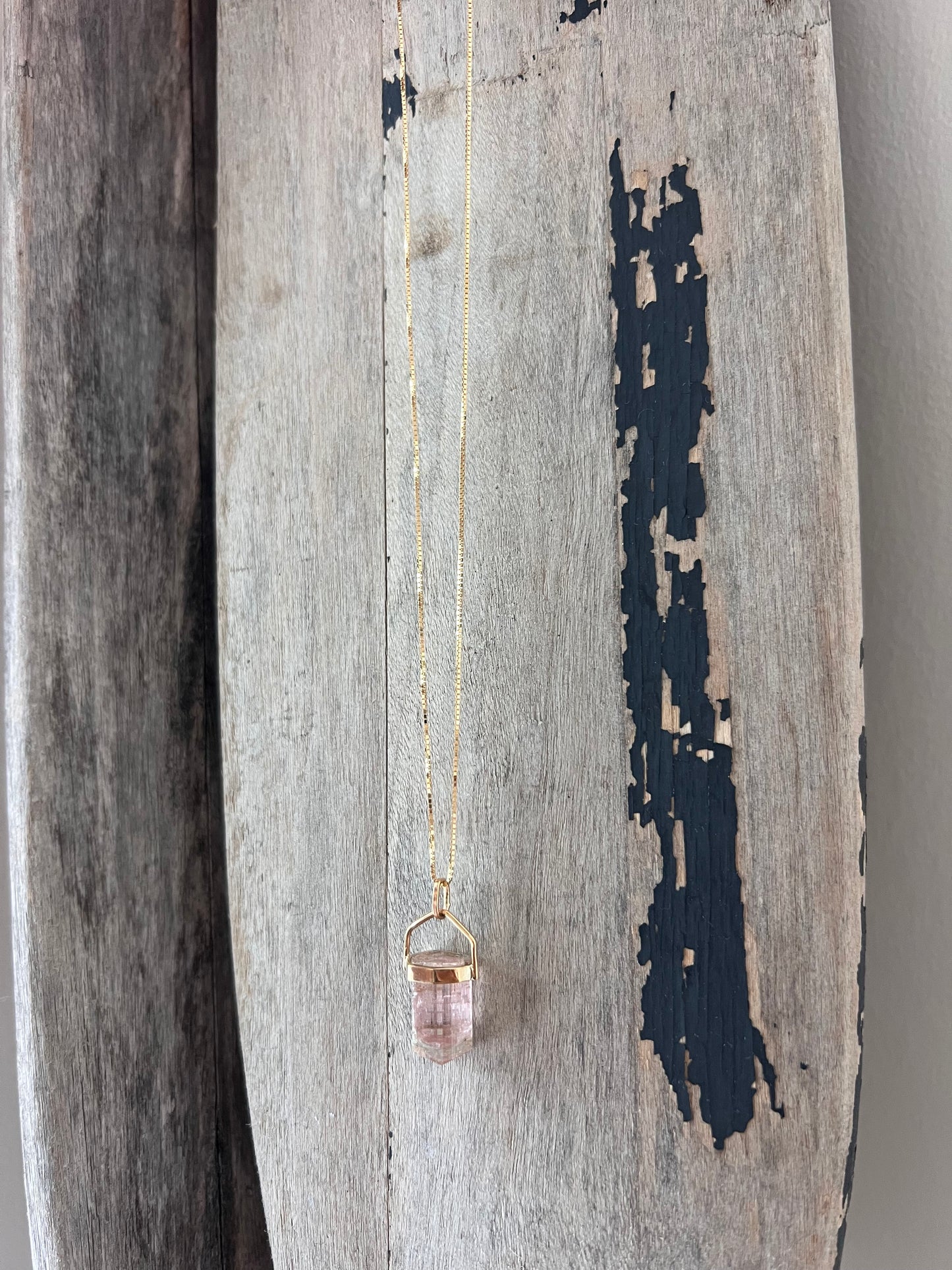 Sandy Collection Chunky Pink Tourmaline bar necklace on Theias signature Italian 18k Gold dainty box chain