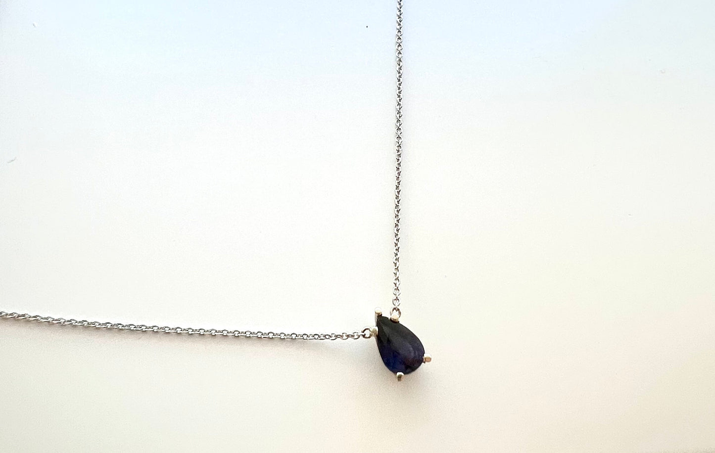 The Leyla Necklace Collection dainty pear shaped natural royal blue to purple sapphire & 14k White Gold