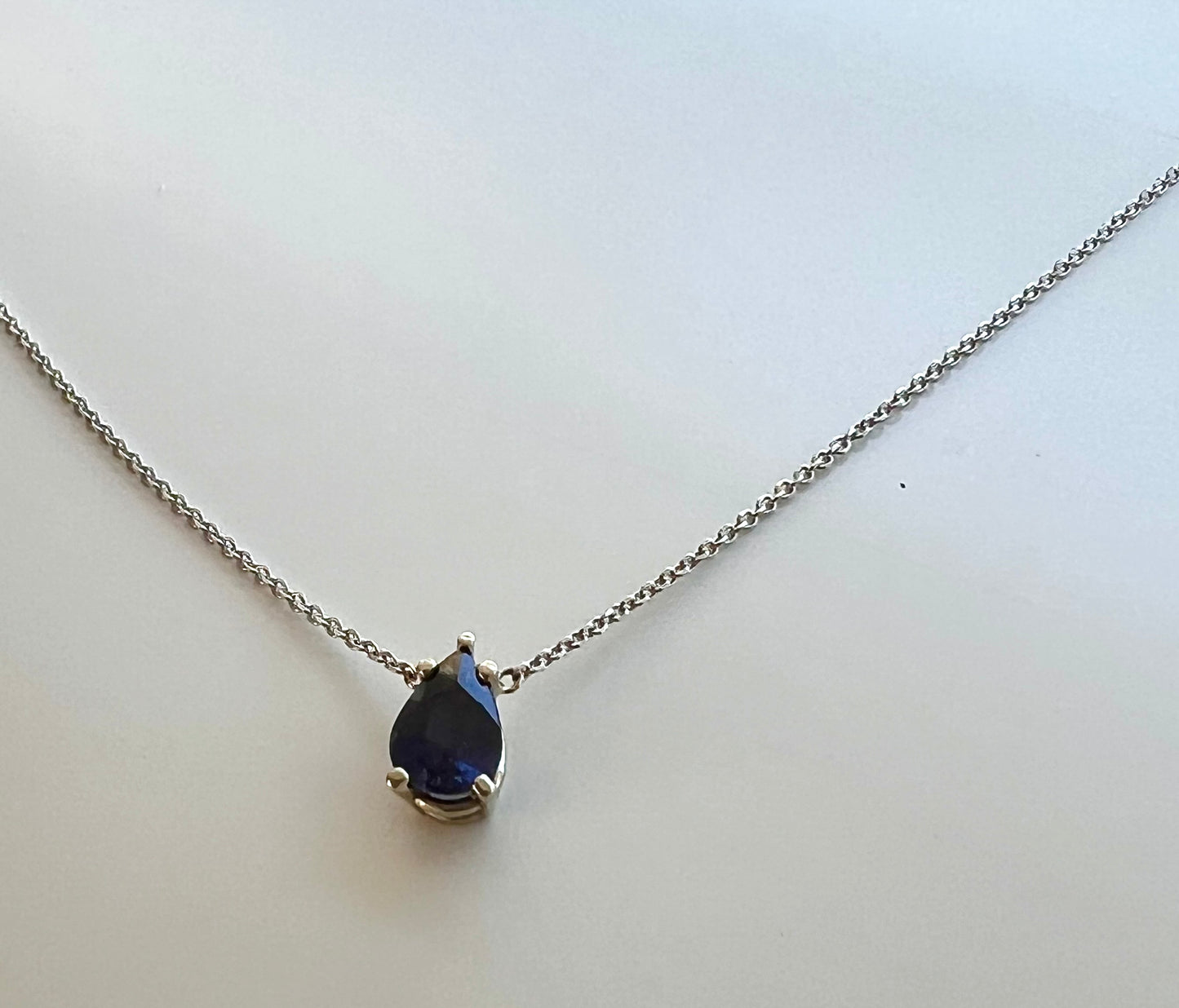 The Leyla Necklace Collection dainty pear shaped natural royal blue to purple sapphire & 14k White Gold