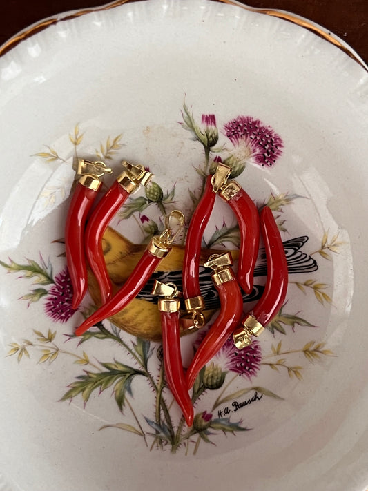Theia’s Signature Protection Horn yellow 18k gold & Natural Red Mediterranean Coral