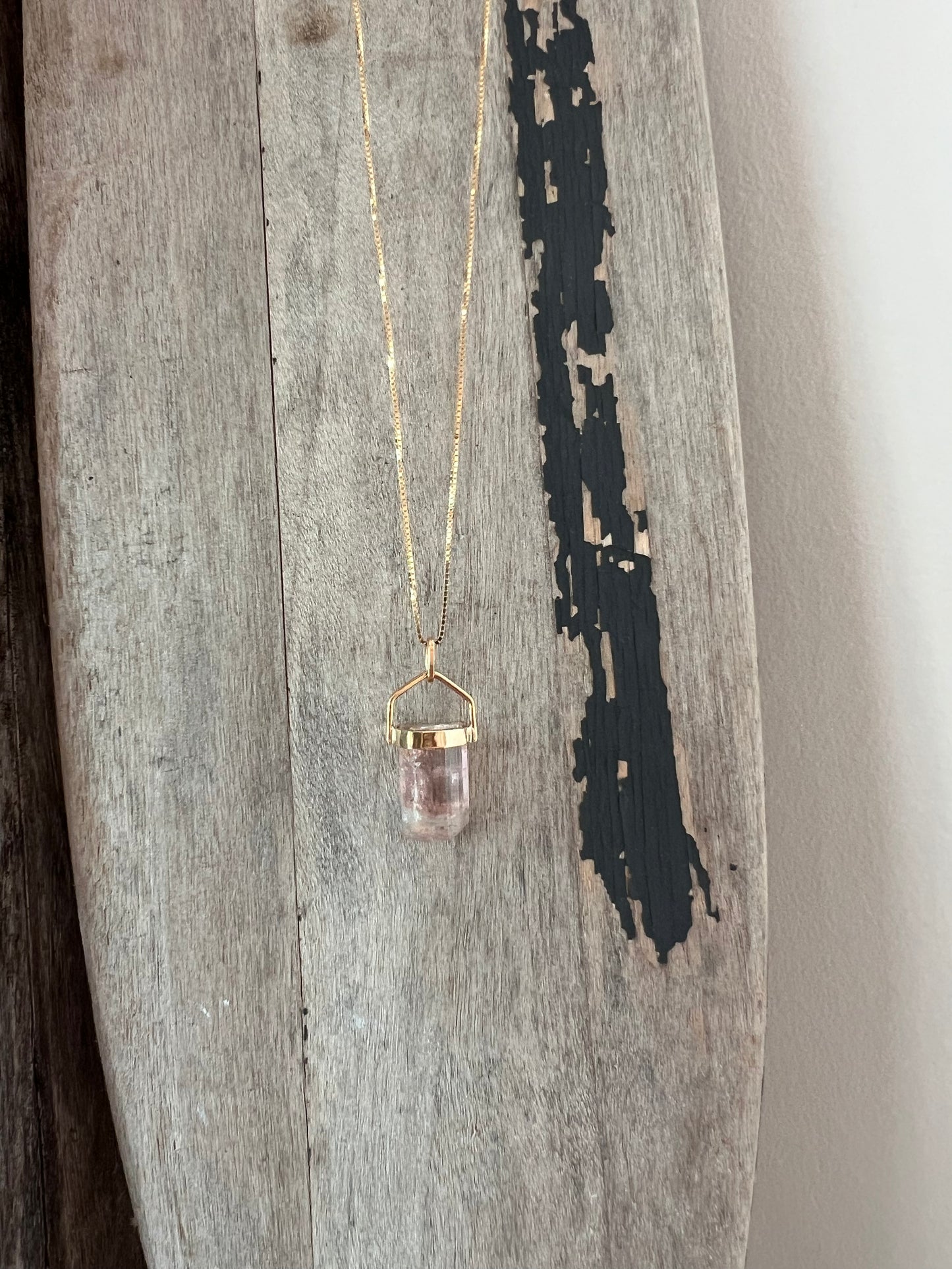 Sandy Collection Chunky Pink Tourmaline bar necklace on Theias signature Italian 18k Gold dainty box chain