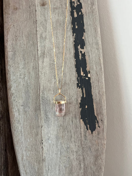 Sandy Collection Chunky Pink Tourmaline bar necklace on Theias signature Italian 18k Gold dainty box chain